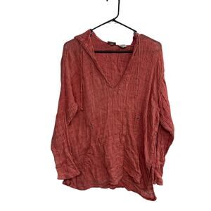 Boho Linen Gauze Hoodie Top Chico’s Rust Red Pullover Size 3 XL